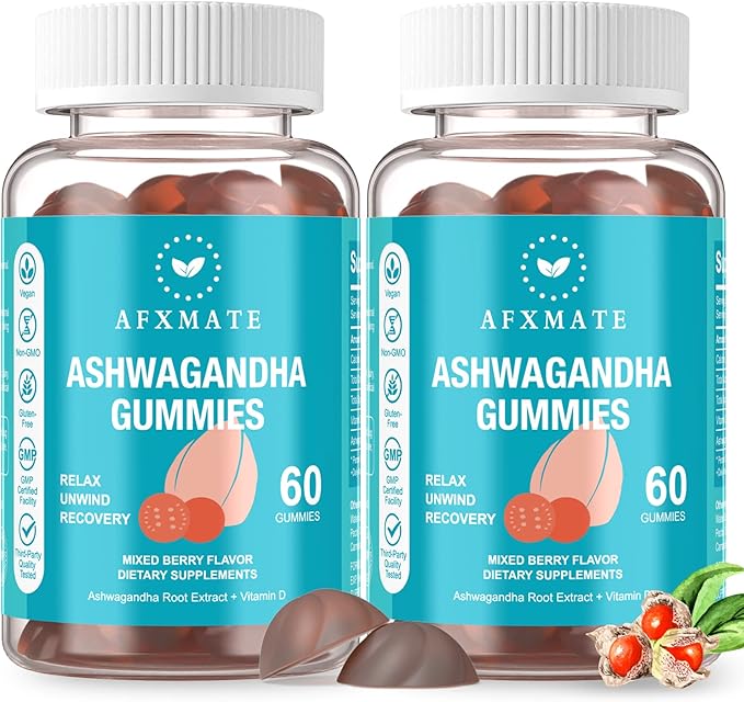 AFXMATE Ashwagandha Gummies &amp Vitamin D Gummies for Men &amp Women 120 Count Aswangdha Supplement (Non-GMO Sugar Free &amp Gluten Free)