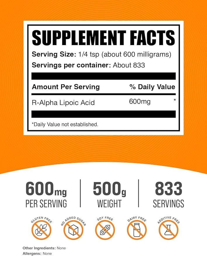 BulkSupplements.com R-Alpha Lipoic Acid Powder - R-ALA Supplement R Alpha Lipoic Acid 200mg - Antioxidants Supplement Gluten Free 200mg per Serving 500g (1.1 lbs) (Pack of 1)