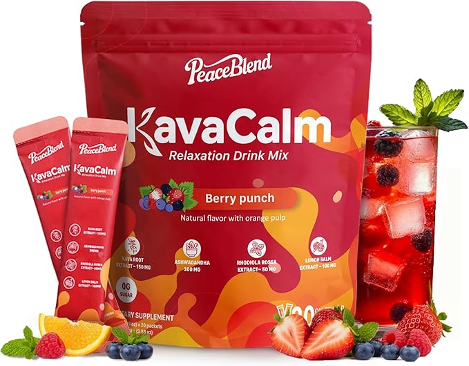 Supercalm Powdered Drink Mix Cortisol Reducer and Sleep Aid with Kava Root Ashwagandha L-Theanine Magnesium Glycinate Lemon Balm Rhodiola Vitamin D3 &amp B6 Vegan Non-GMO 20 Packets