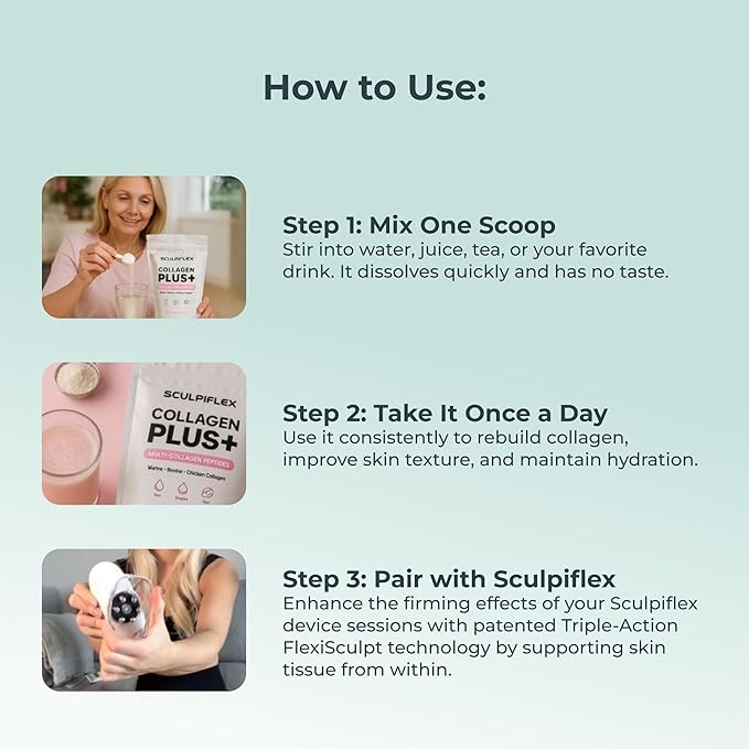 Sculpiflex Hydrolyzed Collagen Peptides Powder Marine Bovine and Chicken Unflavored Multi Collagen Complex for Women Firms Skin and Boosts Elasticity Hydrating with Hyaluronic Acid (30 Servings)