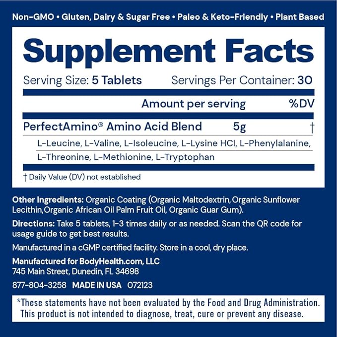 BodyHealth PerfectAmino Easy to Swallow Tablets Essential Amino Acids Supplement with BCAAs Vegan Protein for Pre/Post Workout &amp Muscle Recovery with Lysine Tryptophan Leucine (36 Servings)