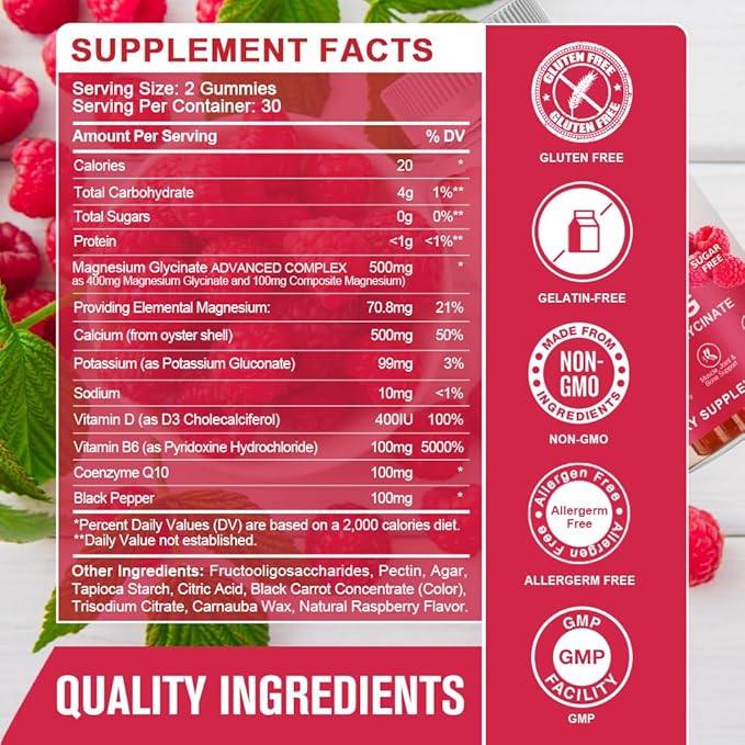 Magnesium Glycinate Gummies 400 mg with 100 mg Composite magnesium - Chelated Magnesium Potassium Supplement with Vitamin D B6 Supports Calm Sleep Memory &amp Muscle CrampsSugar Free - 60 Gummies