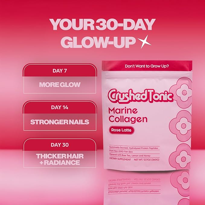 Crushed Tonic Marine Collagen Powder Korean Beauty Drink with Hydrolyzed Collagen Peptides for Skin Hair &amp Nails | Gluten-Free Halal &amp Kosher (Rose Latte 30 Servings (150 g) Pouch)