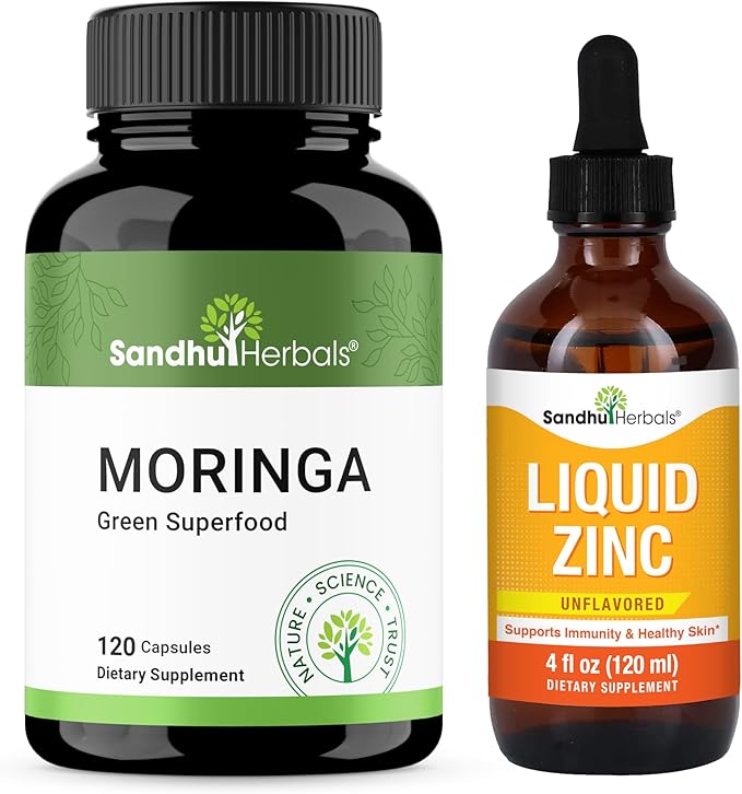 SANDHUHERBALS Moringa Capsules (120 Count) &amp Liquid Zinc Drops (4 Fl Oz) | Supports Immune Gut &amp Skin Health