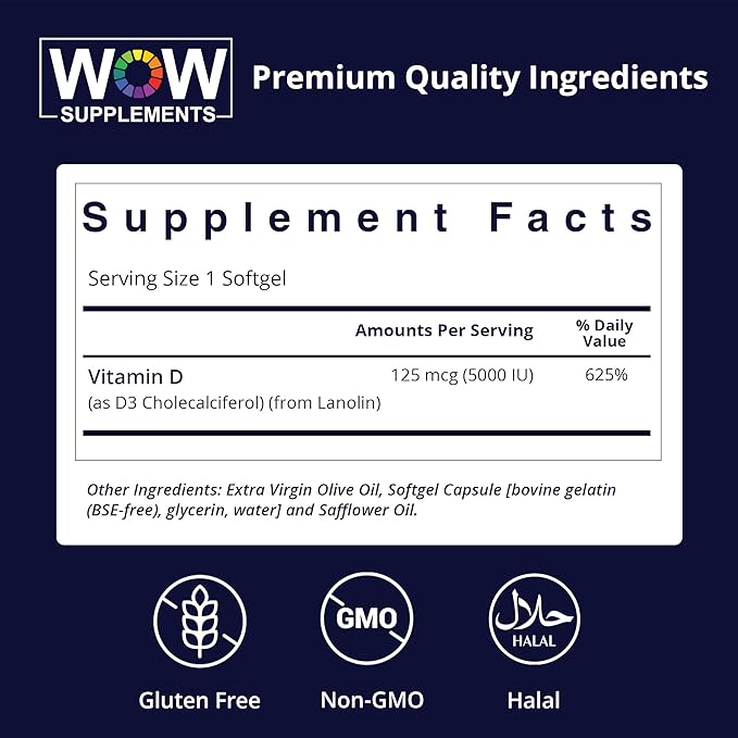 WOW Supplements Vitamin D3 5000 IU Softgels 125 mcg - Vitamin D3 5000IU Supplement for Strong Bones and Immune Support - Non-GMO Gluten Free Vitamin D 5000 IU - VIT D3 5000 IU Softgels - 120 Count