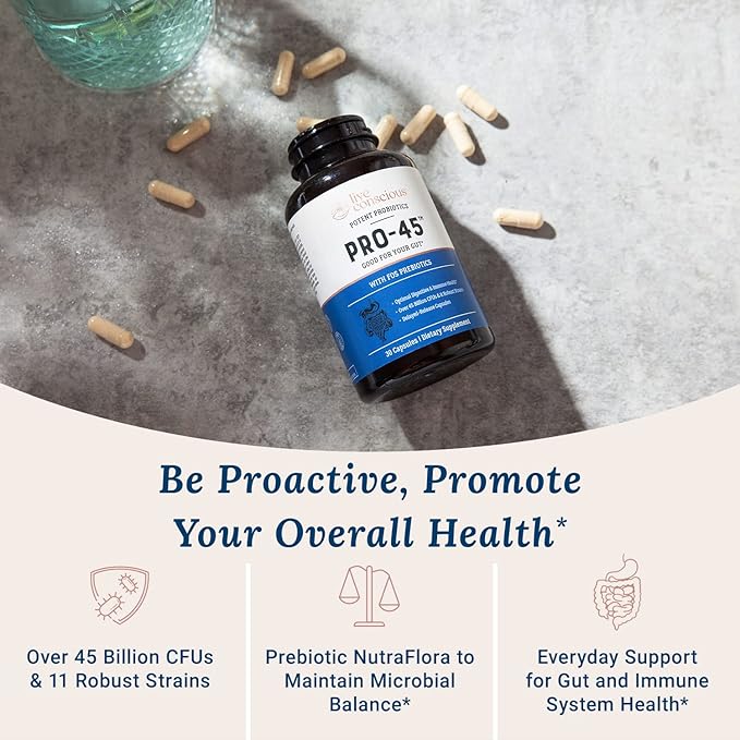 Live Conscious PRO45 Probiotics for Women &amp Men: Comprehensive Formula 45 Billion CFU 11 Strains Dairy Free - w/Prebiotics and Probiotics - Promotes Immune &amp Gut Health - 30 Veggie Caps
