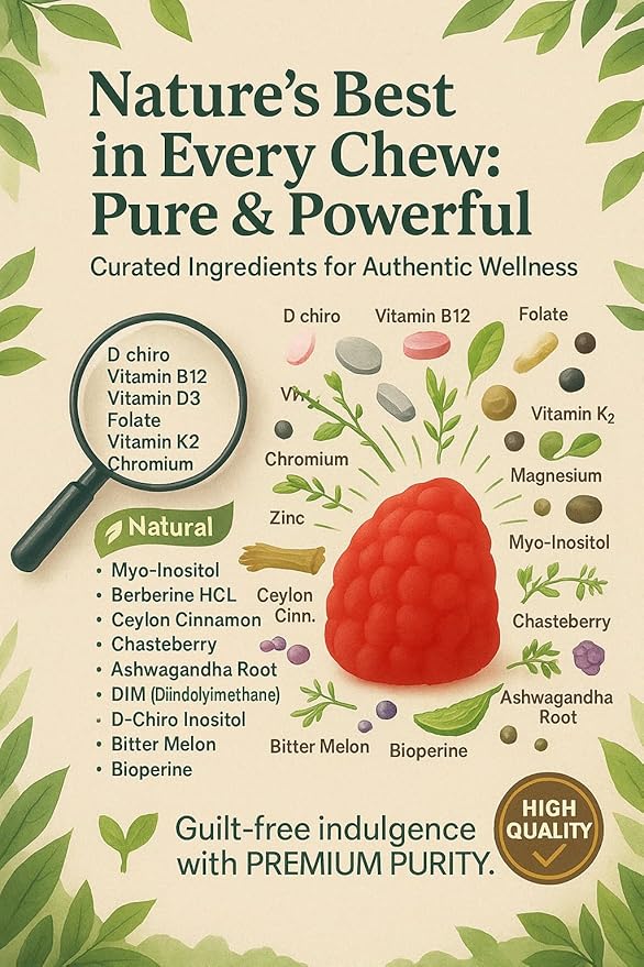 Sugar Free Myo-Inositol &amp D-Chiro Inositol Gummies for Women Berberine Vitamin D3 K2 DIM Magnesium Glycinate Oxide L-Methylfolate Supplement for Women Fertility Hormone Balance PMS Ovarian He