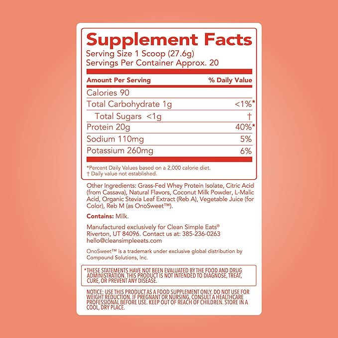 Clean Simple Eats Clear Protein Drinks 20G Grass Fed Whey Protein Isolate Ultra Filtered Light &amp Refreshing Beverage Low Lactose No Artificial Ingredients Pineapple Passion 20 Servings