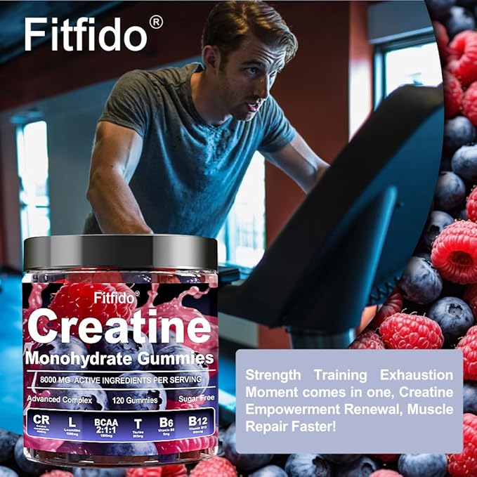 Creatine Monohydrate Gummies Complex 8000mg for Men and Women Containing L-carnitine &amp Taurine Build Muscle Boost Energy Faster Recovery Sugar Free &amp Vegan Raspberry &amp Blackberry 12
