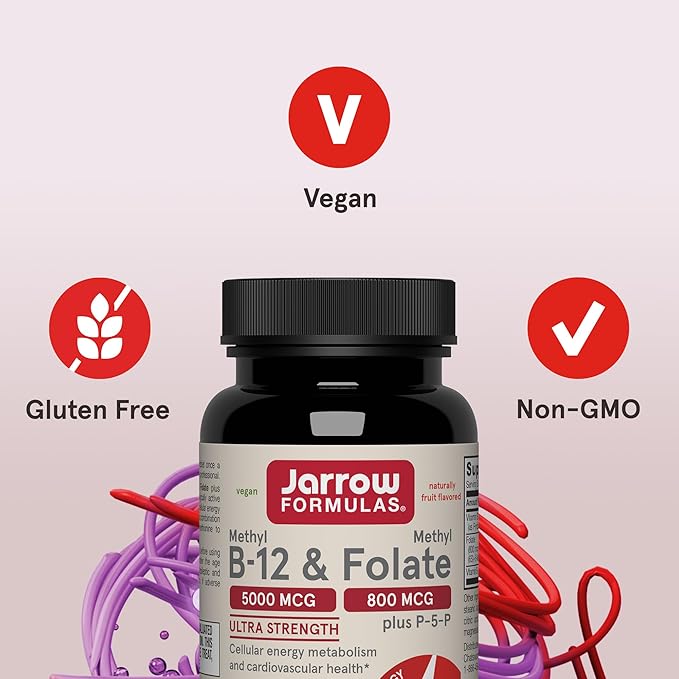Jarrow Formulas Methyl B-12 &amp Methyl Folate Bioactive Vitamin B9 and Vitamin B12 Supplement Supports Cellular Energy Production Healthy Brain Function &amp Metabolism 60 Chewable Tablets 60