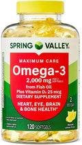 H4U Spring Valley Maximum Care Omega-3 from Fish Oil Dietary Supplement Softgels for Eye Brain Bone &amp Heart Health 2000 mg 120 Count