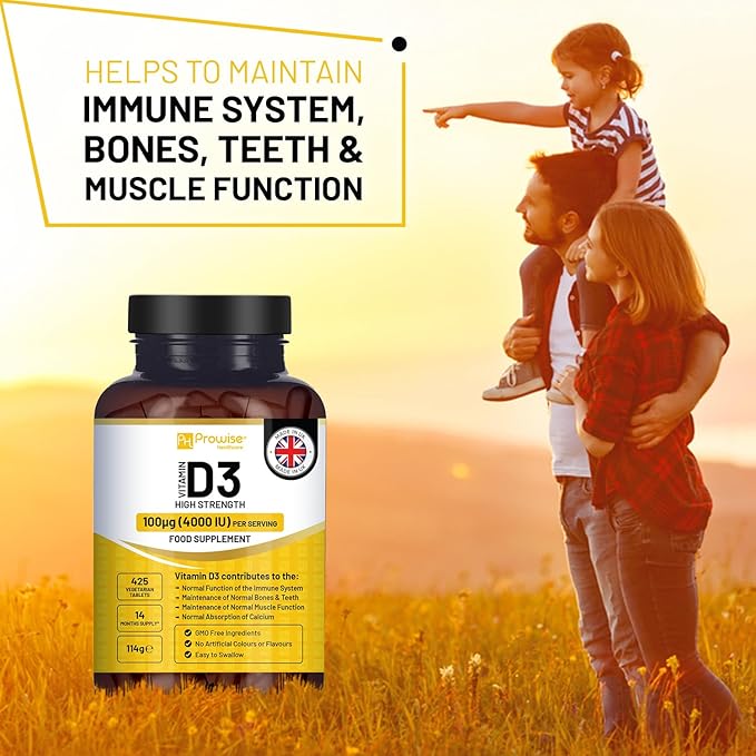 Vitamin D3 4000IU High Strength I 425 Vegetarian Tablets (14 Months Supply) I Easy Swallow Vitamin D3 Supplement for Immune Support Calcium Boost Bone &amp Muscle I Made in the UK by Prowise Health