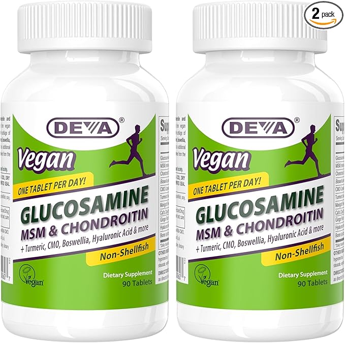 DEVA Vegan Glucosamine MSM &amp Chondroitin + Turmeric CMO Boswellia Hyaluronic Acid &amp More Improved Non-Animal Formula 90 Tablets (Pack of 2)