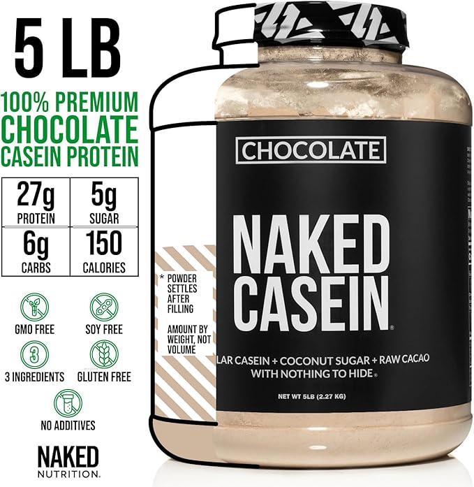 NAKED Chocolate Casein - Chocolate Micellar Casein Protein - 5 Pound Bulk NSF Certified GMO-Free Gluten-Free Soy-Free Preservative-Free - Stimulate Muscle Growth - Enhance Recovery - 60 Servings