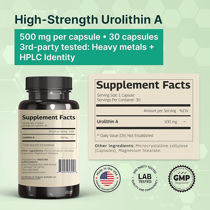 VINATURA Urolithin A Supplement 500mg - Urolithin A+ for Powerful Antioxidants Anti Aging and Mitochondrial Support 30 Capsules