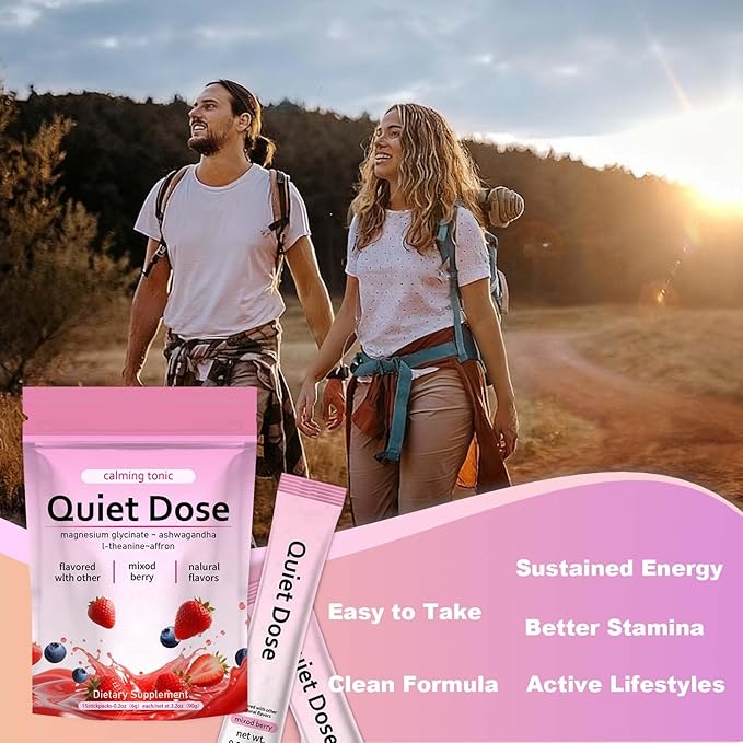 Quiet Dose calm magnesium powder cortisol reducer supplement calming drink powder with Magnesium Glycinate Ashwagandha L-Theanine Vitamin D3 | Vegan Non-GMO Berry Flavor