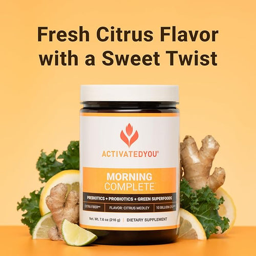 ACTIVATEDYOU Morning Complete Daily Wellness Greens Superfood Drink Mix for Gut Health w/Prebiotics Probiotics Antioxidants Green Superfoods 10 Billion CFUs 30 Servings (Citrus)