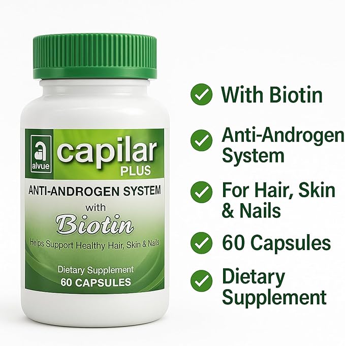 Capilar Plus with Biotin | 2 Bottles x 60 Capsules (120 Total) | Anti-Androgen System | Daily Use Dietary Supplement | for Hair Skin &amp Nail Support | 2-Month Supply
