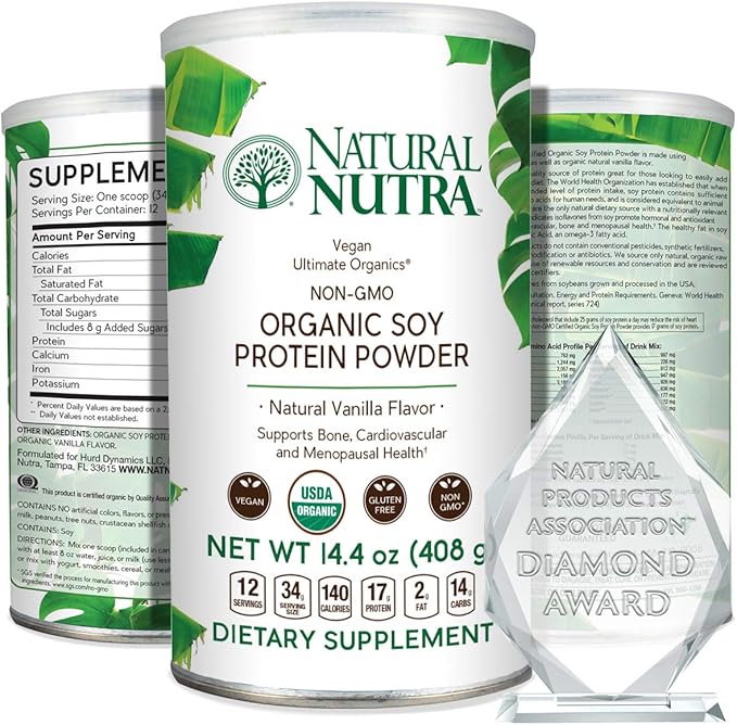 Natural Nutra Organic Vegan Plant Based Soy Protein Source Powder Support Midlife Transition Supports Bone and Improves Cardiovascular Health Gluten Free Non GMO Sugar-Free 14.4 OZ.
