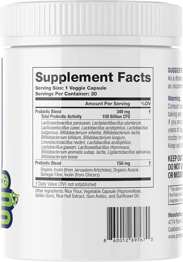 Probase Nutrition Probiotic 100 Billion CFU 10 Strains with Prebiotics 30 Veggie Capsules Gluten Free for Men and Women 30-Day Supply
