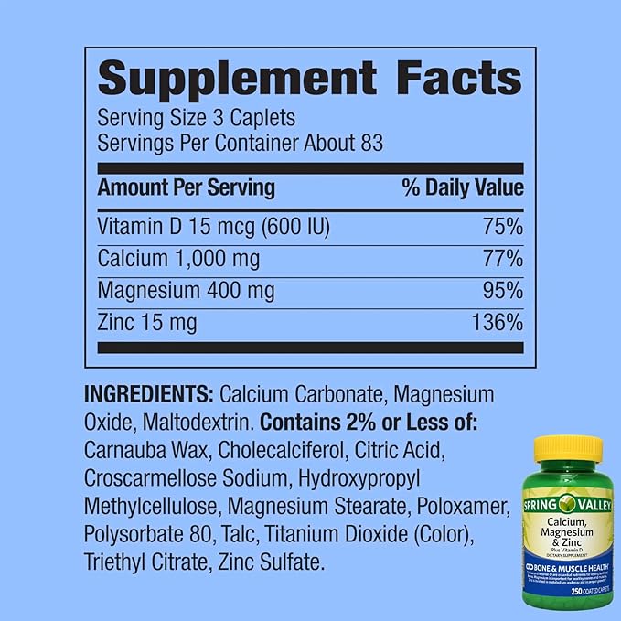 250 Count of Calcium Magnesium Zinc + Vitamin D3 Supplement – Bone &amp Muscle Support – 250 Caplets – Gluten Free nnh with Exclusive Vitamin &amp Mineral Guide