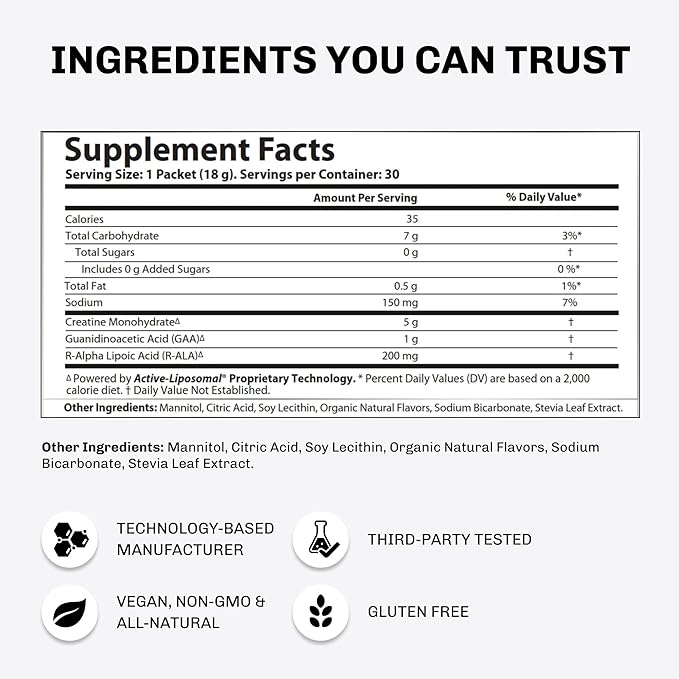 Aurora Nutrascience Active Liposomal Creatine Monohydrate GAA &amp R-ALA - Powder Creatine Supplement for Men &amp Women Muscle &amp Energy Support Travel Packs To Go - 30 Single Serve Packets L