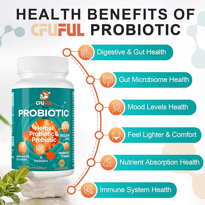Probiotics for Women &amp Men - 300 Billion CFU 24 Strains Probiotic + 15 Organic Herbs Prebiotics Blend for Overall Digestive Gut Health Immune Constipation &amp Bloating Shelf Stable - 4 Mont
