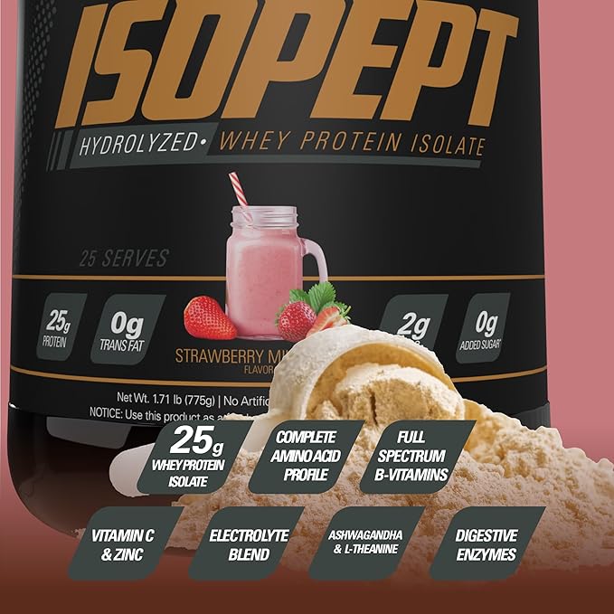 IsoPept Hydrolyzed Whey Protein Powder by EHPlabs - 100% Whey Protein Isolate &amp Hydrolysate 27g of Protein Non-GMO Gluten Free Fast Absorbing Easy Digesting 27 Serves (Strawberry Milkshake)