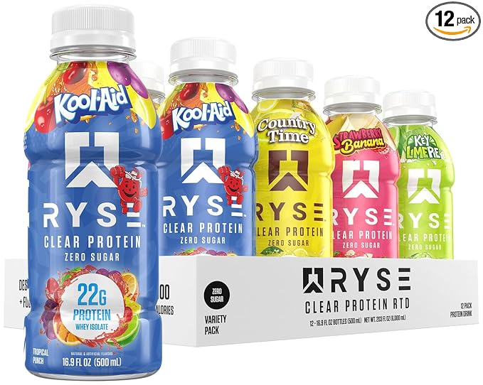 RYSE Clear Protein Drink - Variety Pack - 100 Calories 22g Whey Isolate Protein Shake Sugar-Free 0g Fat &amp Lactose-Free - Refreshing Ready-to-Drink Beverage - 16.9 fl oz Bottles (12-Pack)