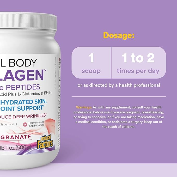 Natural Factors Total Body Collagen - Bioactive Collagen Supplement for Hair &amp Nail Growth Support - Healthy Skin Supplement with Protein Vitamin C &amp More - Pomegranate 500 g (38 Servings)