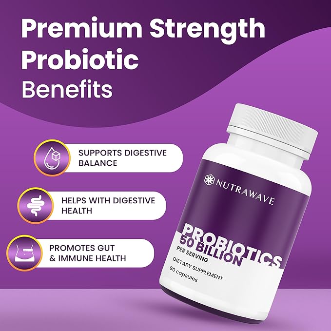 Nutrawave 50 Billion Probiotics for Women &amp Men 15 Strains Active Culture. Relieves Bloating &amp Constipation Improved Digestion &amp Gut Health Supplement Vegan. 60 Powerful Small Capsules.