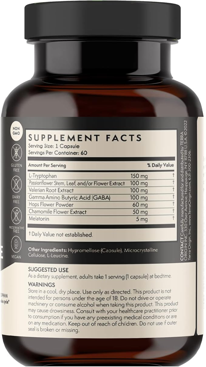 TERRA ORIGIN Healthy Sleep &amp Wake | Natural Sleep Aid Supplement for Adults | Restful and Awake Refreshed | GABA L-Tryptophan Melatonin Chamomile Valerian PassionFlower | 60 Capsules