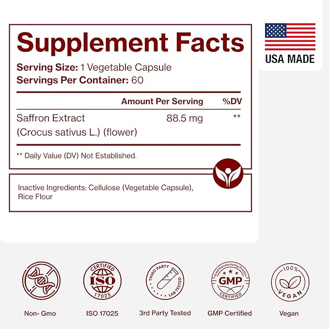 Saffron Supplements - 100% Pure Saffron Extract Capsules - Boost Energy &amp Mood Support Eye &amp Heart Health