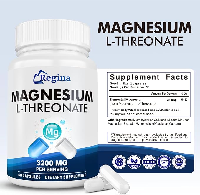 Magnesium L-Threonate Capsules Magnesium Supplement for Women and Man for Memory and Brain Focus for Sleep Cognitive Health Supplement Non-GMO 60 Vegetarian Capsules