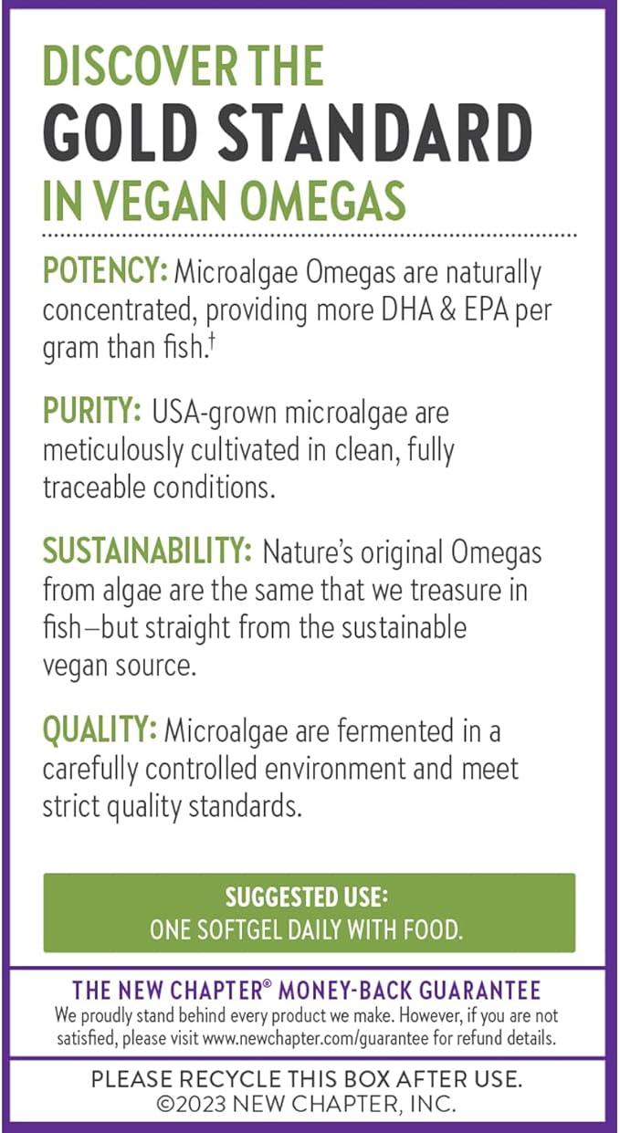 New Chapter Vegan Algae Oil DHA EPA and DPA Supplement - Vegan Omega-3 Complex for Heart Brain Eye &amp Joint Support - 30 Softgels