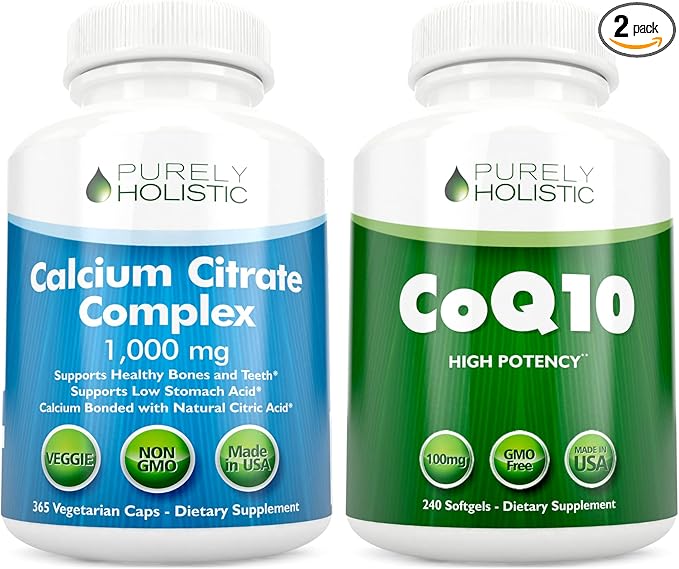 Calcium Citrate Complex 1000mg + CoQ10 100mg - 365 Vegan Capsules + 240 Softgels Bundle - Without Vitamin D - Made in USA
