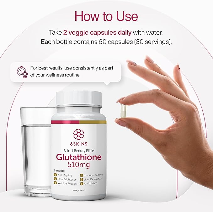 6SKINS®6in1 Beauty Elixir with Liposomal Glutathione 510mg | Glutathione Supplement 4X Better Absorption - Immune Support Liver Detox Powerful Antioxidant for Healthier Skin - 60 Capsules