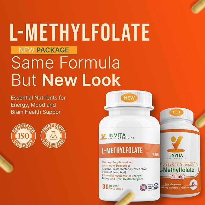 INVITA L-Methylfolate 7.5mg – Physician Formulated Active Methyl Folate - 5-MTHF Supplement for Energy Mood &amp Brain Health Support - Non GMO Gluten Free 90 Capsules (3 Month Supply)