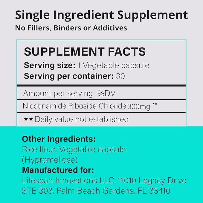 Lifespan Innovations Pure NR Nicotinamide Riboside 300mg - Single Ingredient Supplement - Supports NAD⁺ Levels Cellular Energy &amp Healthy Aging. No Fillers or Binders. 30 Capsules Glass Bottle
