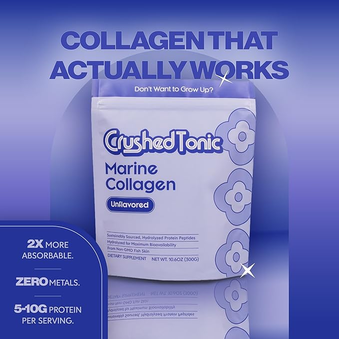 Crushed Tonic Marine Collagen Powder Korean Beauty Drink with Hydrolyzed Collagen Peptides for Skin Hair &amp Nails | Gluten-Free Halal &amp Kosher (Pure Unflavored 30 Servings (150 g) Sticks)