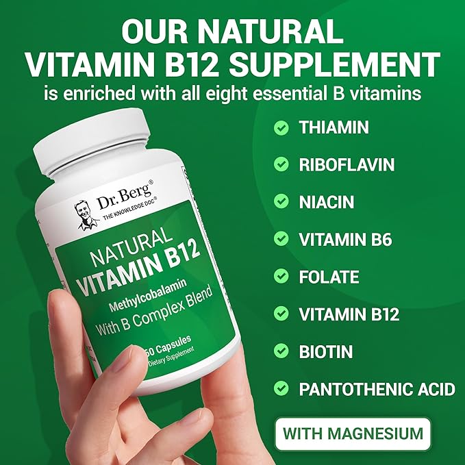 Dr. Berg Natural Vitamin B12 1000 mcg with B Complex Blend - Methylcobalamin B12 for Energy Nerve Health and Cognitive Function* - Methylated B12 with Folate - 60 Capsules (2-Month Supply)