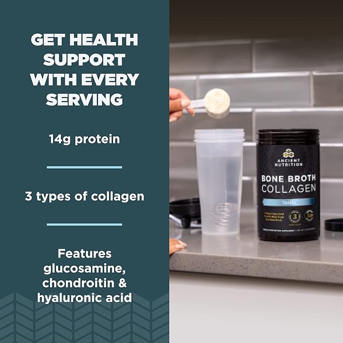 Ancient Nutrition Collagen Powder Bone Broth Collagen Vanilla Hydrolyzed Multi Collagen Peptides Supports Skin and Nails Joint Supplement 30 Servings 18.3oz