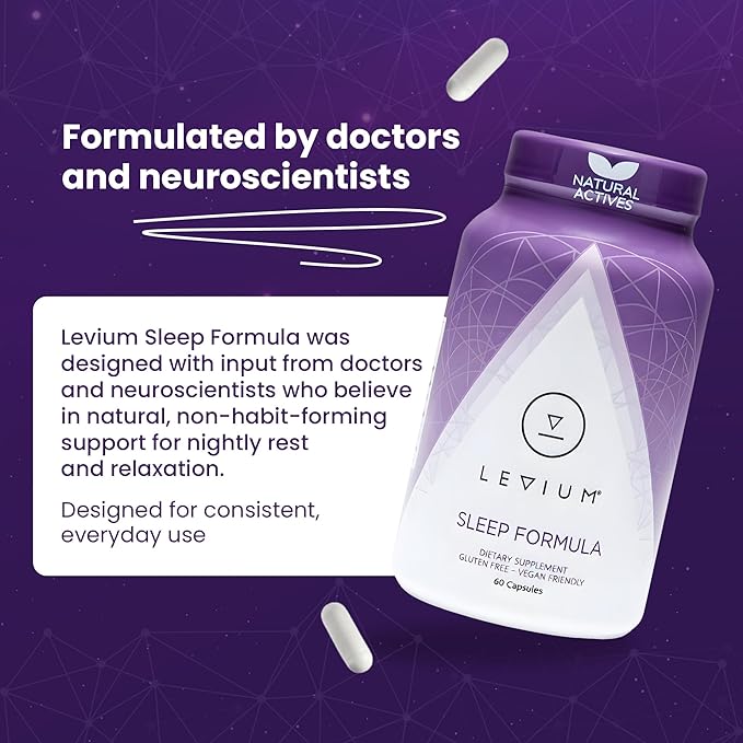 Levium Sleep Formula Supplement | Natural Relaxation Aid Capsules with Melatonin GABA L-Theanine Magnesium | 60 Count Bottle – 30 Day Supply