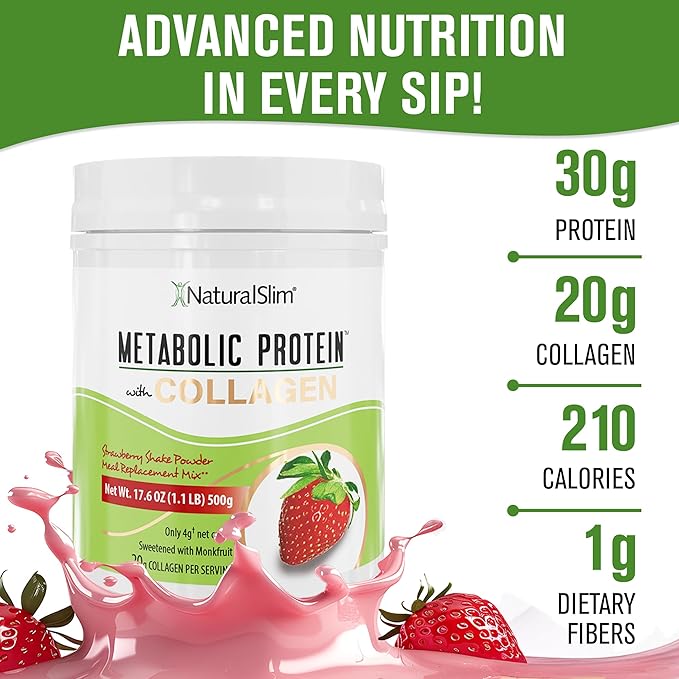 NaturalSlim Metabolic Protein Powder with Collagen whey protein powder shake Hydrolyzed Collagen with L-Glutamine for Metabolic Support Digestion Skin Joints &amp Muscle Low Carb 17.06oz Strawb