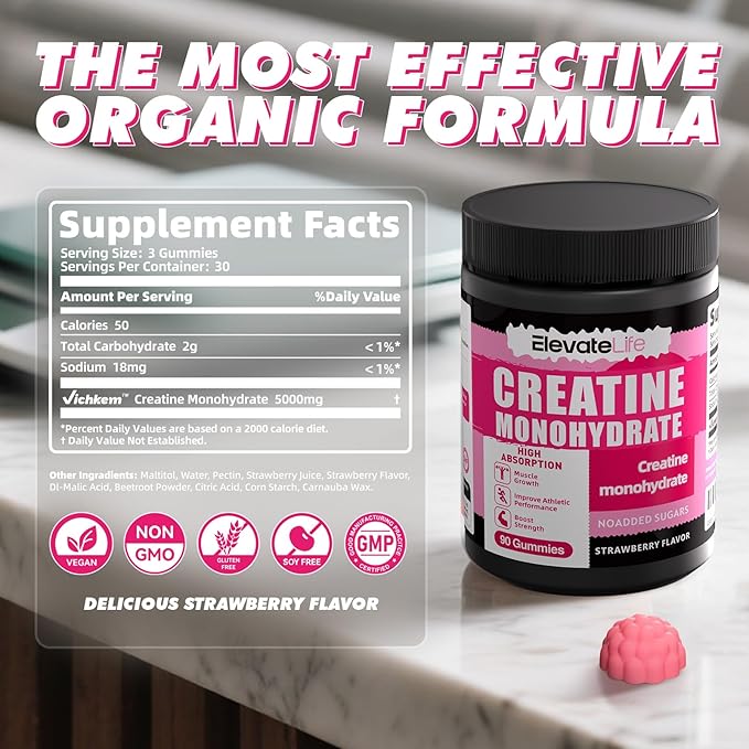 NSFCertified Creatine Monohydrate Gummies 5000mg for Men &amp Women Chewables Creatine Monohydrate for Muscle Strength Muscle Builder Energy Boost Pre-Workout Supplement(90 Count)-Strawberries