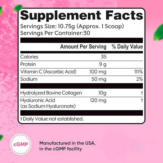 Collagen Peptides 10g with Hyaluronic Acid 120 mg and Vitamin C Powder Hair Skin and Nails Support Grass Fed Unflavored 11.38 oz