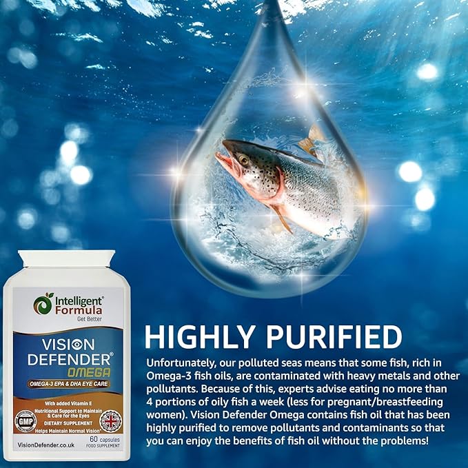VISION DEFENDER OMEGA Eye Supplement: Care and Relief for Dry Eyes Improve Eye Health- High Strength 1000mg Pure Omega-3 Fish Oil (400mg EPA 200mg DHA per capsule)+Vitamin E (60 Softgels) Made in UK