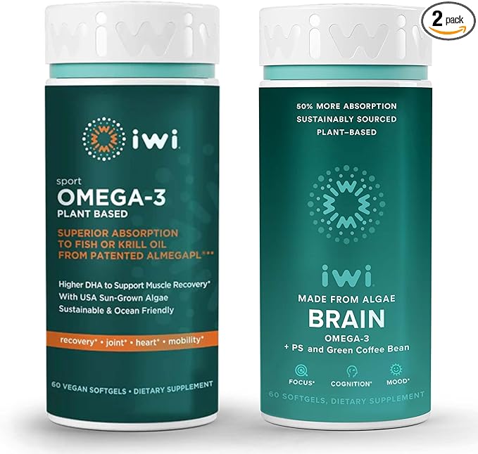 iwi Omega-3 Sport &amp Brain Omega-3 Bundle 30 Servings Vegan Plant-Based Algae Omega 3 with EPA + DHA Krill &amp Fish Oil Alternative No Fishy Aftertaste