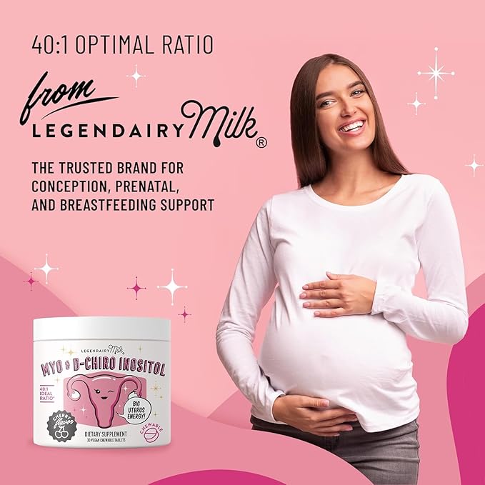 Legendairy Milk Myo Inositol and D Chiro Inositol Supplement for Women 40:1 Ratio PCOS Fertility Support Hormone Balance Sugar Free Vegan Chewable Tablets Cherry Flavor 90 Day Supply Pack of 3