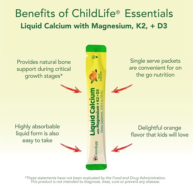ChildLife Essentials Liquid Calcium Supplement for Kids Single Serve - Baby Calcium with Magnesium Vitamin D3 &amp K2 for Bone Support On The Go Nutrition - Orange Flavor 0.34 fl oz (30 Stick Pac